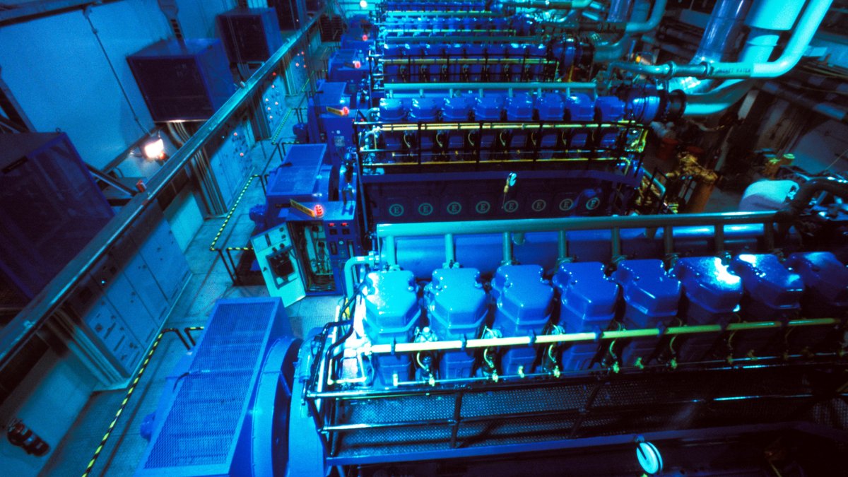 Diesel generator hall inside the NORAD Cheyenne Mountain Complex, 1984. An illustrative image of backup generators, not a data centre.